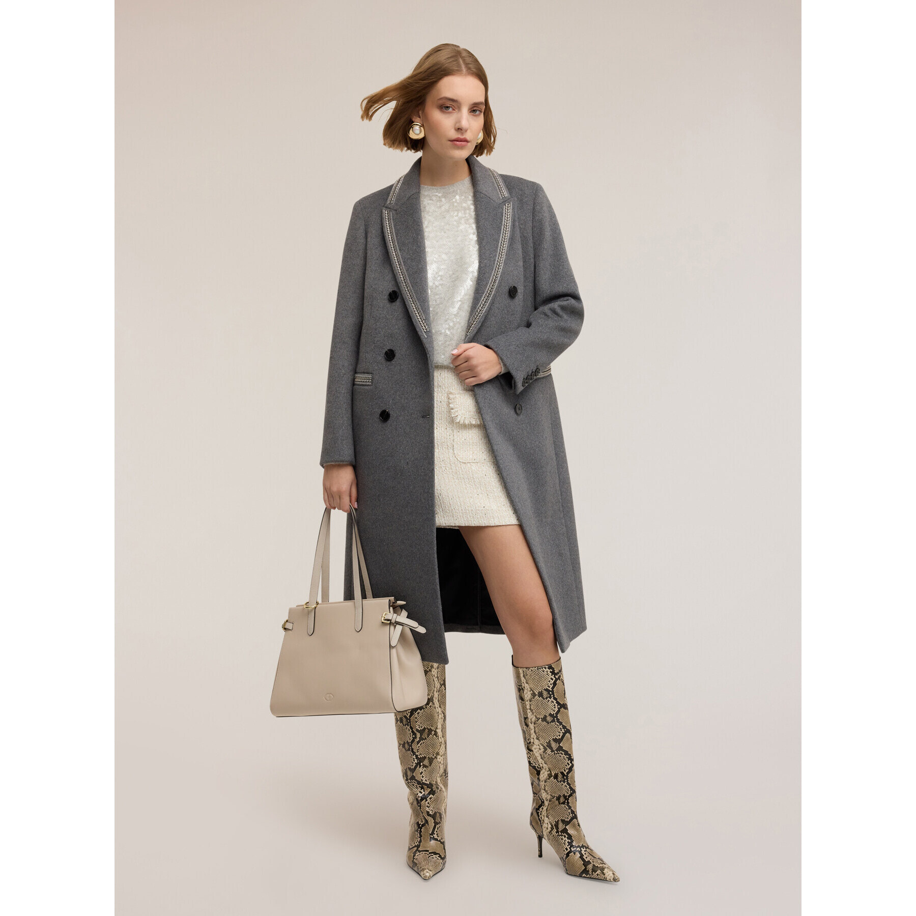 Motivi - Cappotto doppiopetto in misto lana con decorazioni - Grigio