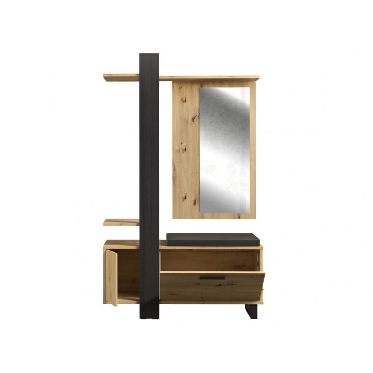 Vestiaire en bois effet chêne avec rangements, miroir et coussin - MARACAS