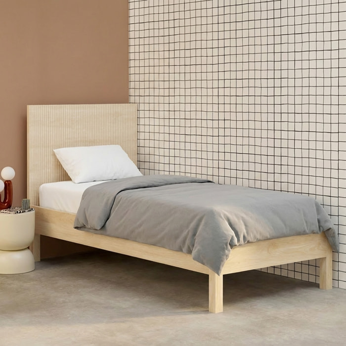 Lit avec sommier à lattes et tête de lit 90x190cm décor bois LINEAR