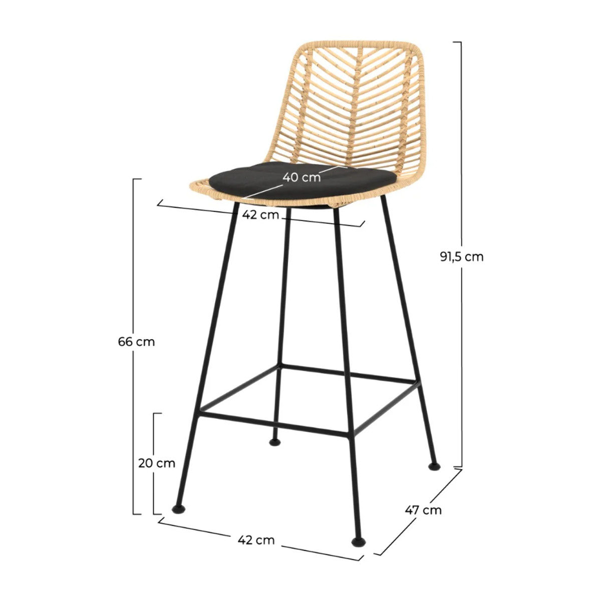 Lot de 2 chaises pour îlot central 66 cm en rotin naturel et noir - Tamara