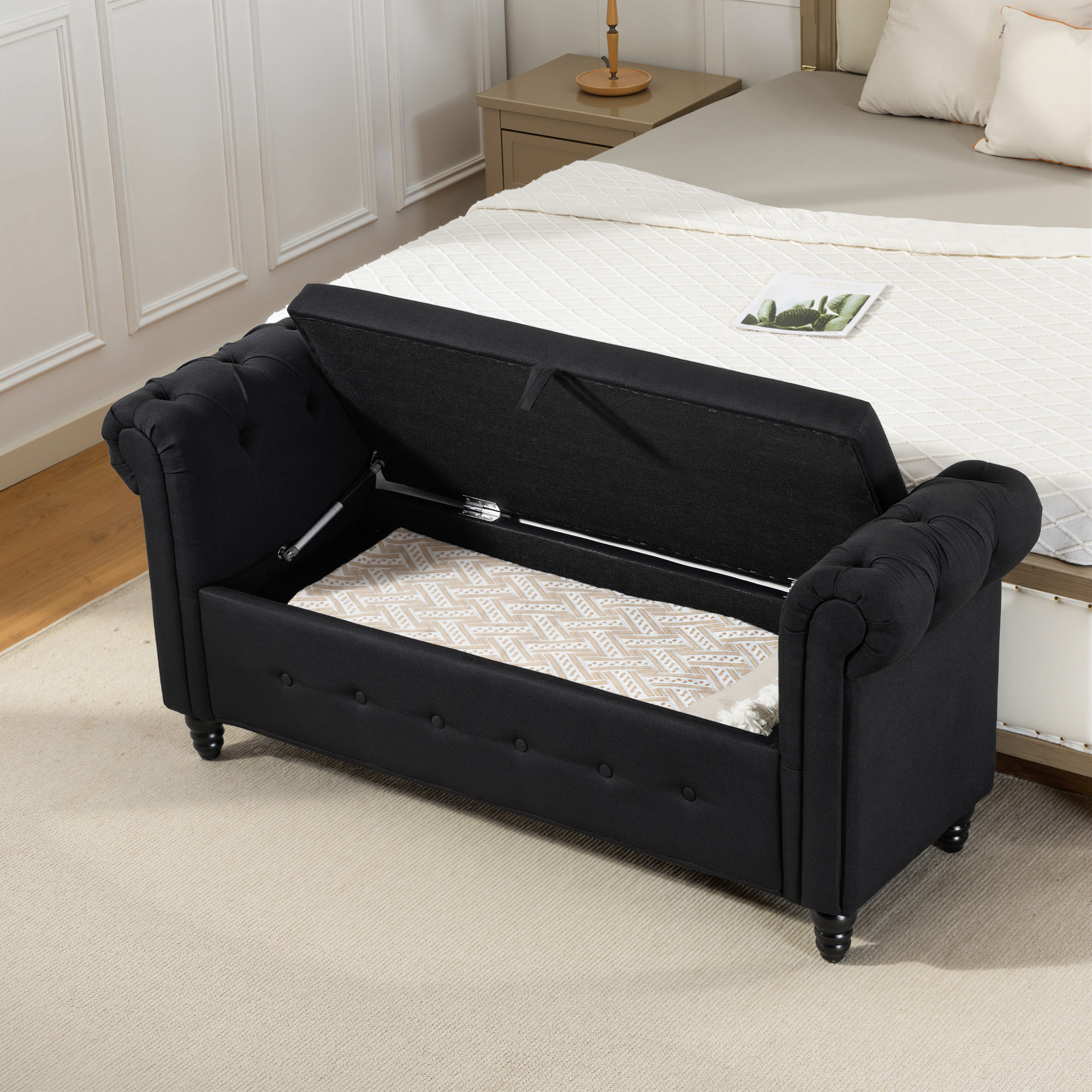 Banquette coffre de rangement 2 en 1 design Chesterfield accoudoirs courbés capitonnés piètement bois noir aspect lin noir