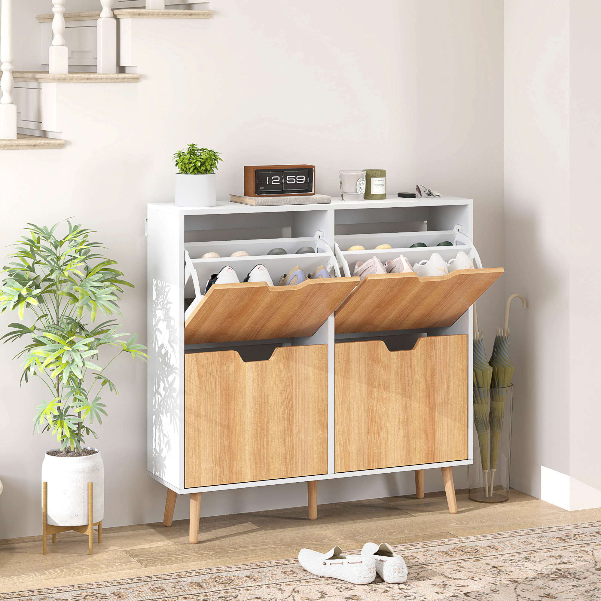 Zapatero Estrecho con 4 Cajones Abatibles, Zapatero Entrada Recibidor con Patas de Madera y Estantes Ajustables, para 16 Pares de Zapatos, para Pasillo, 95x26x95 cm, Natural y Blanco