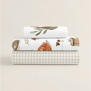 Cool Kids - Juego de Sábanas Estampadas - Infantil - Incluye 1 Funda de Almohada + 1 Sábana Bajera - 100% Algodón - Cuna/Maxicuna - Woodland