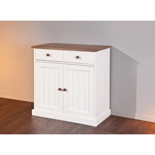 Credenza a due ante e due cassetti, colore bianco e marrone, cm 90 x 86 x 45.