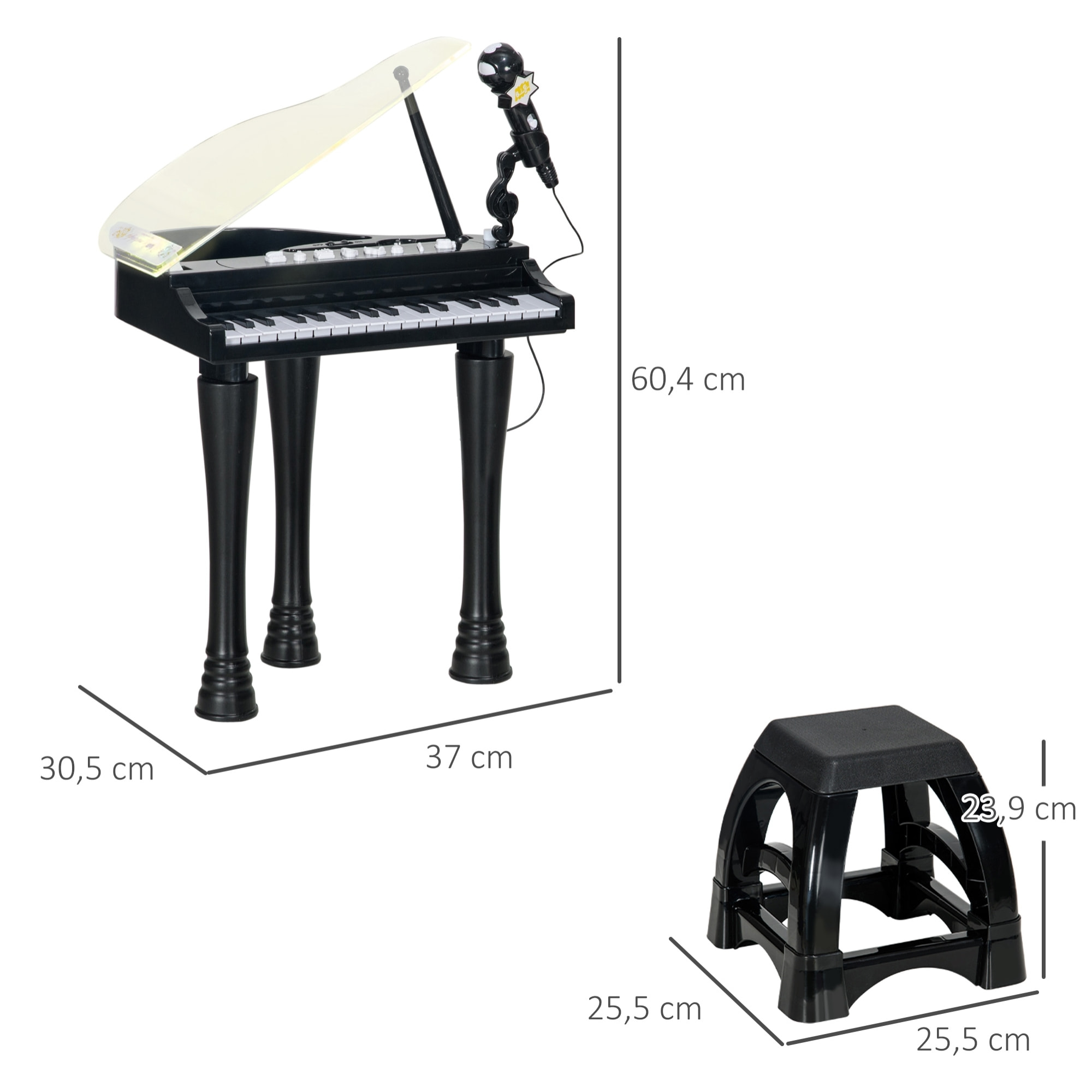 Jouet musical piano électronique - tabouret, micro et support - clavier 37 touches, effet lumineux, nombreux modes - PP noir