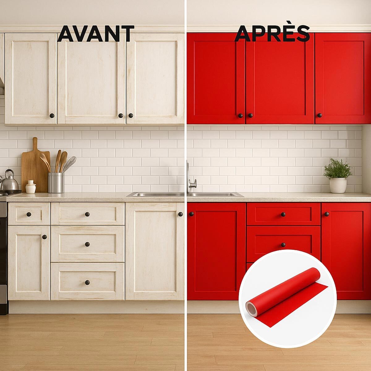 Rouleau adhésif décoratif Vinyle au Mètre - Rouge tomate - Sticker Lavable Imperméable Mur Cuisine Meubles