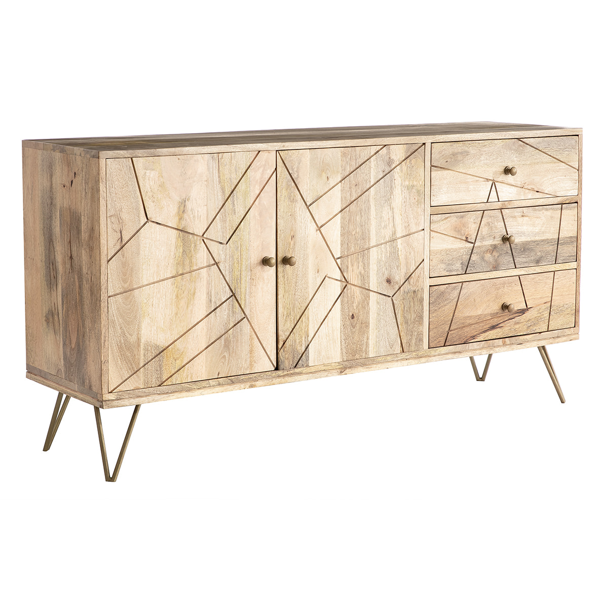Buffet gravé en bois manguier massif et métal doré 2 portes 3 tiroirs L145 cm LINIUM