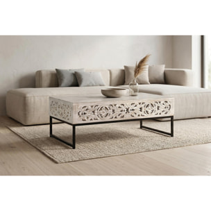 Mesas de Centro de Madera de Mango 110 Cm Estilo Étnico Boho Tallado