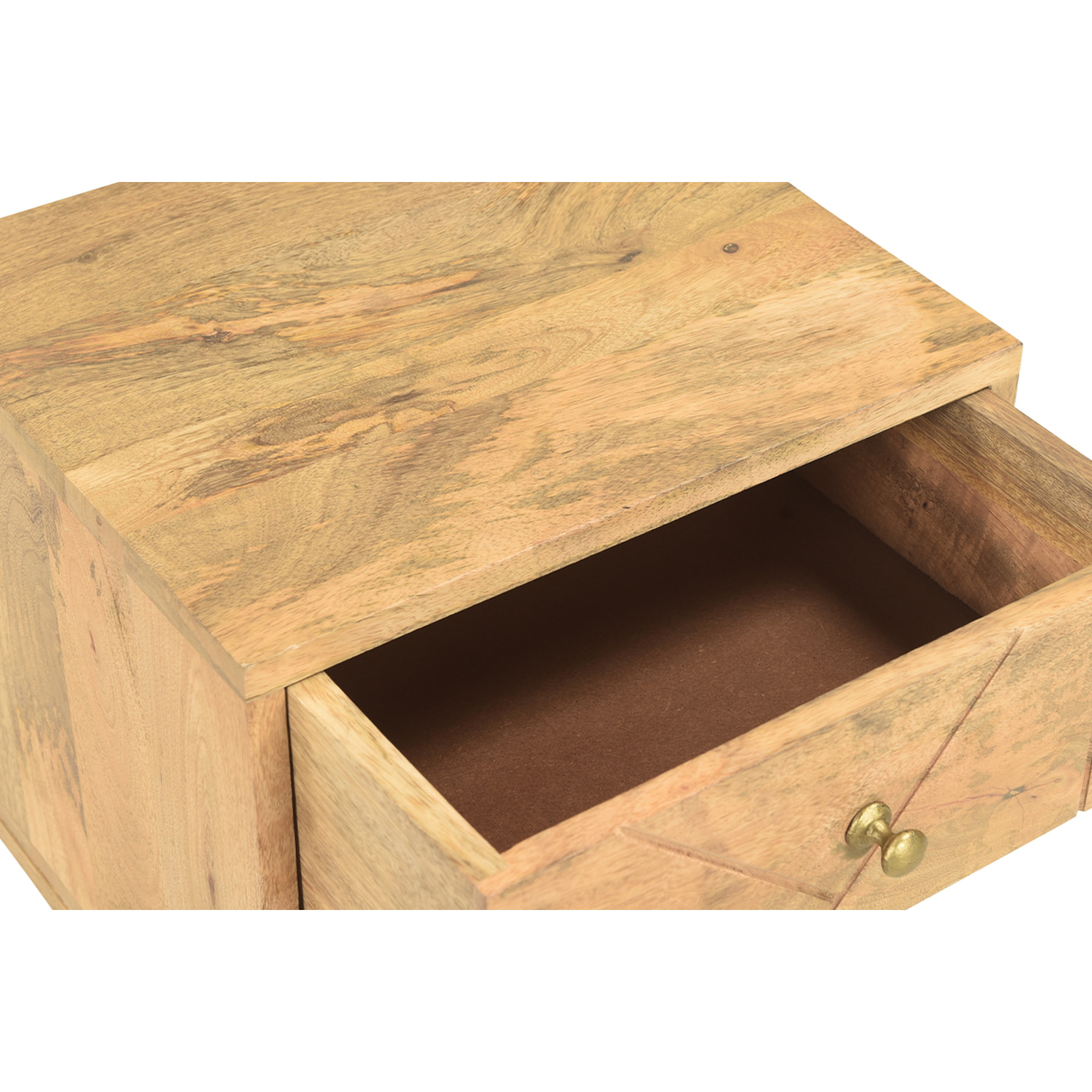 Table de chevet avec rangements bois manguier massif gravé et métal doré LINIUM