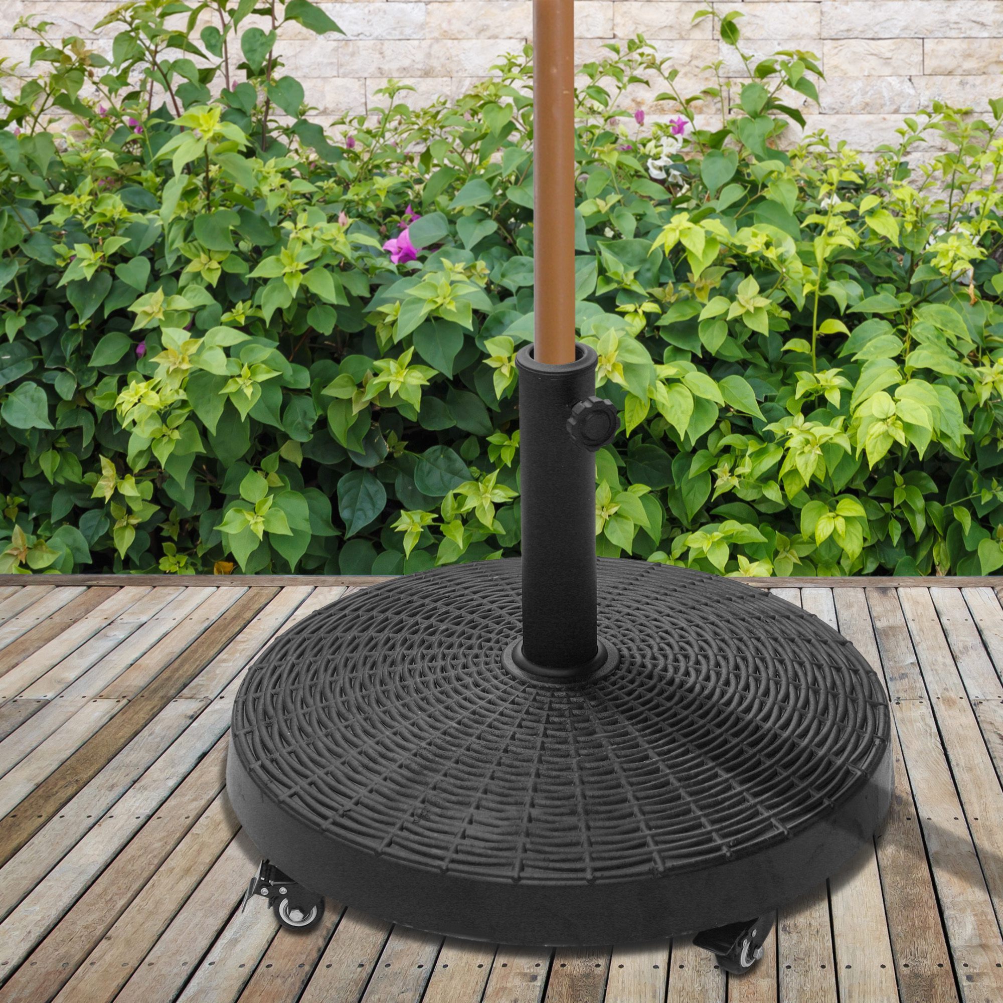 Base para Sombrilla Redonda Ø52 cm 22,7 kg Soporte para Parasol de Resina con Ruedas Pie para Sombrilla con Postes Ø38 mm y Ø48 mm Diseño de Ratán para Jardín Patio Terraza Negro