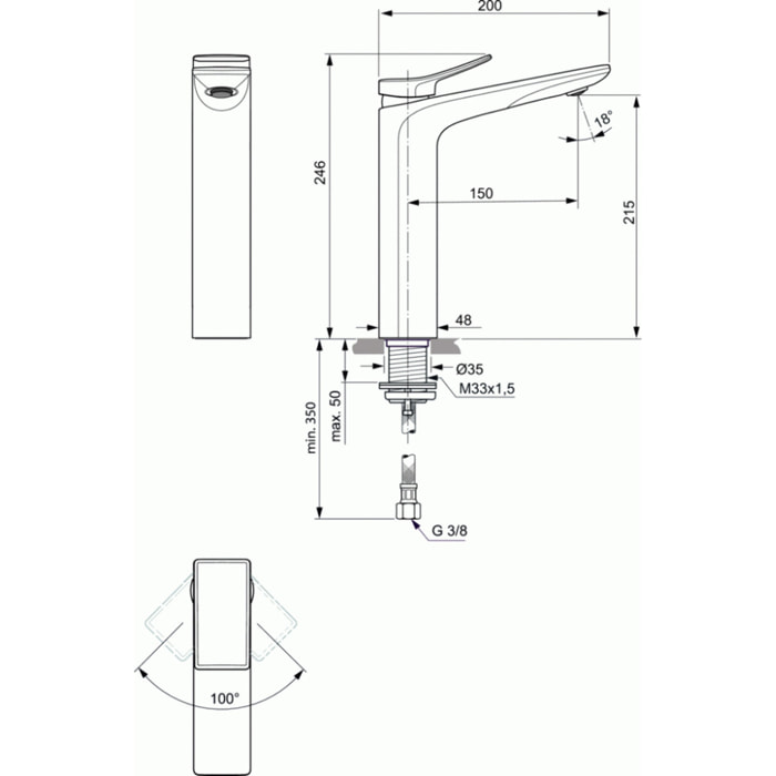 IDEAL STANDARD Mitigeur lavabo Conca réhaussé sans tirette sans vidage chrome