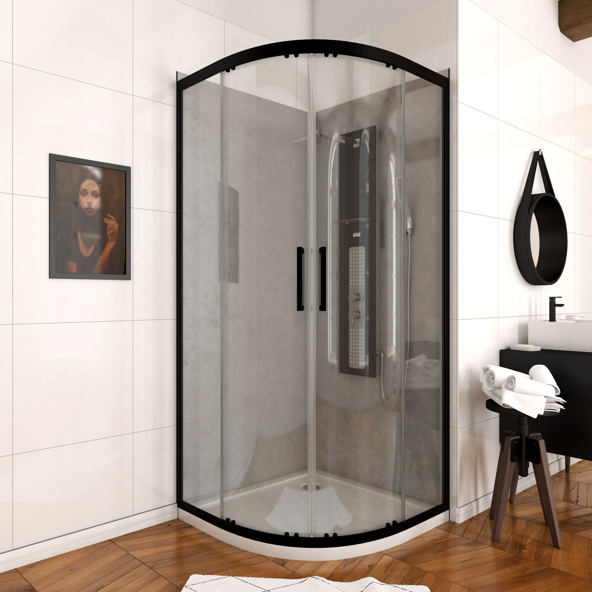 Porte de douche quart de cercle 90x90x200cm - PROFILE NOIR MAT - verre trempé 6mm