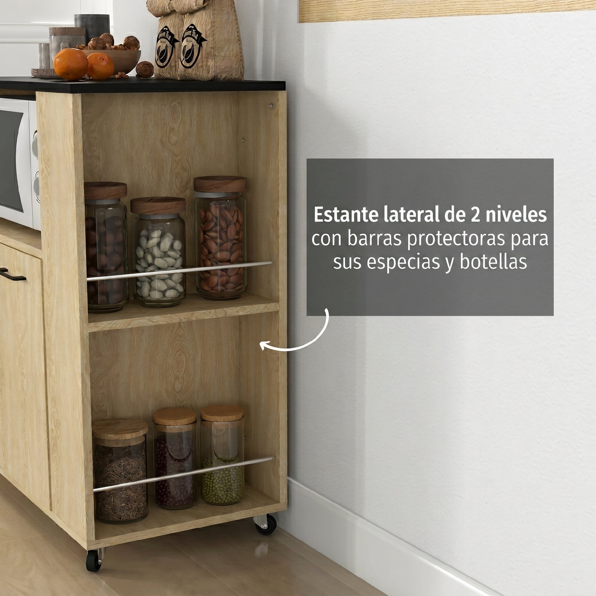 Carrito Auxiliar con Ruedas, Carrito de Cocina con 2 Puertas, Estante Ajustable, Especieros, para Comedor, 75x40x80,5 cm, Natural