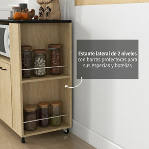 Carrito Auxiliar con Ruedas, Carrito de Cocina con 2 Puertas, Estante Ajustable, Especieros, para Comedor, 75x40x80,5 cm, Natural