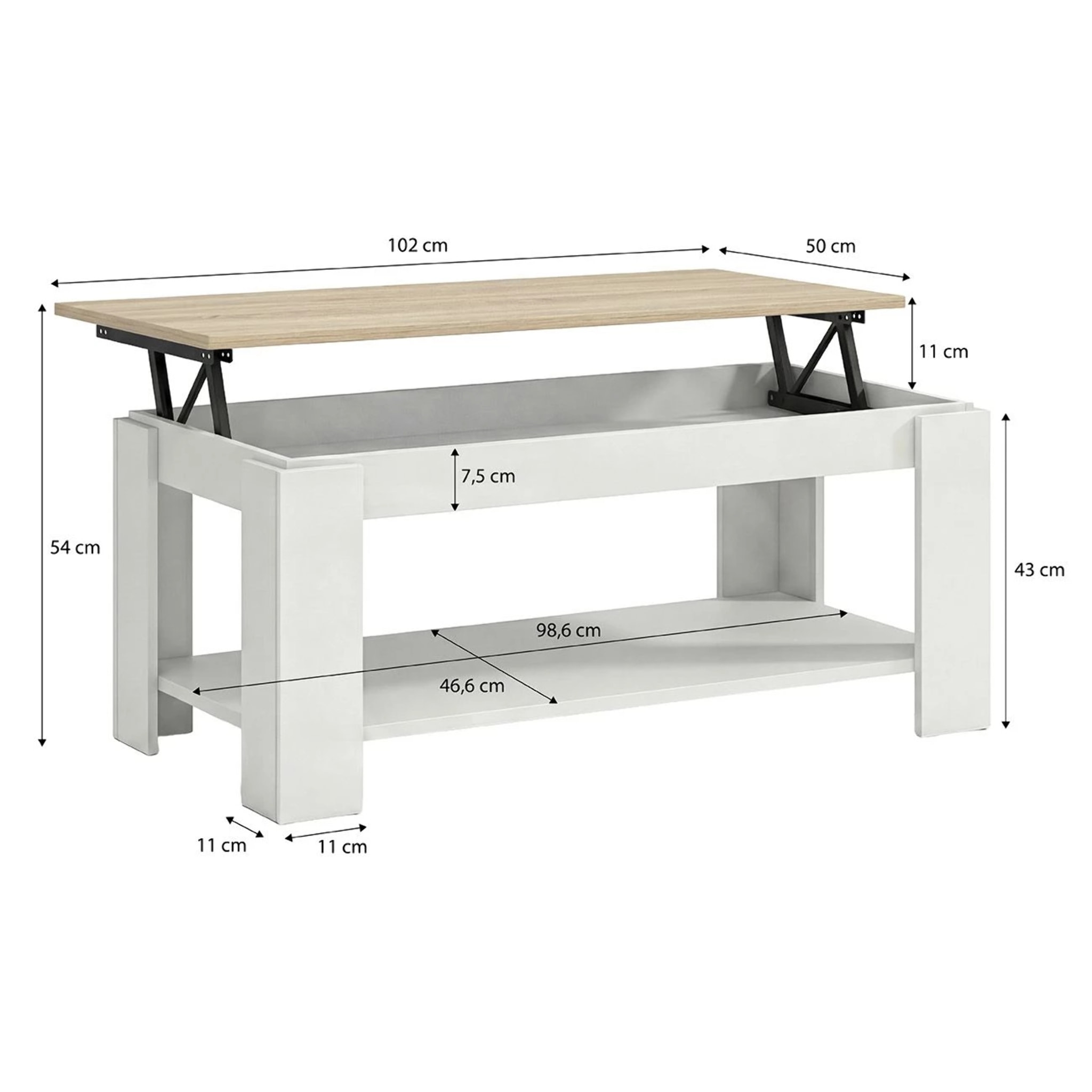 Mesa de centro elevable con almacenaje en blanco artik y roble canadian 102x43-54 cm Lya Blanco Artik (Blanco Mate) - Roble Canadian