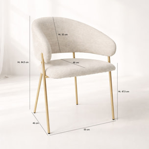 Lot de 2 fauteuils de table en tissu écru et pieds en métal doré EROS