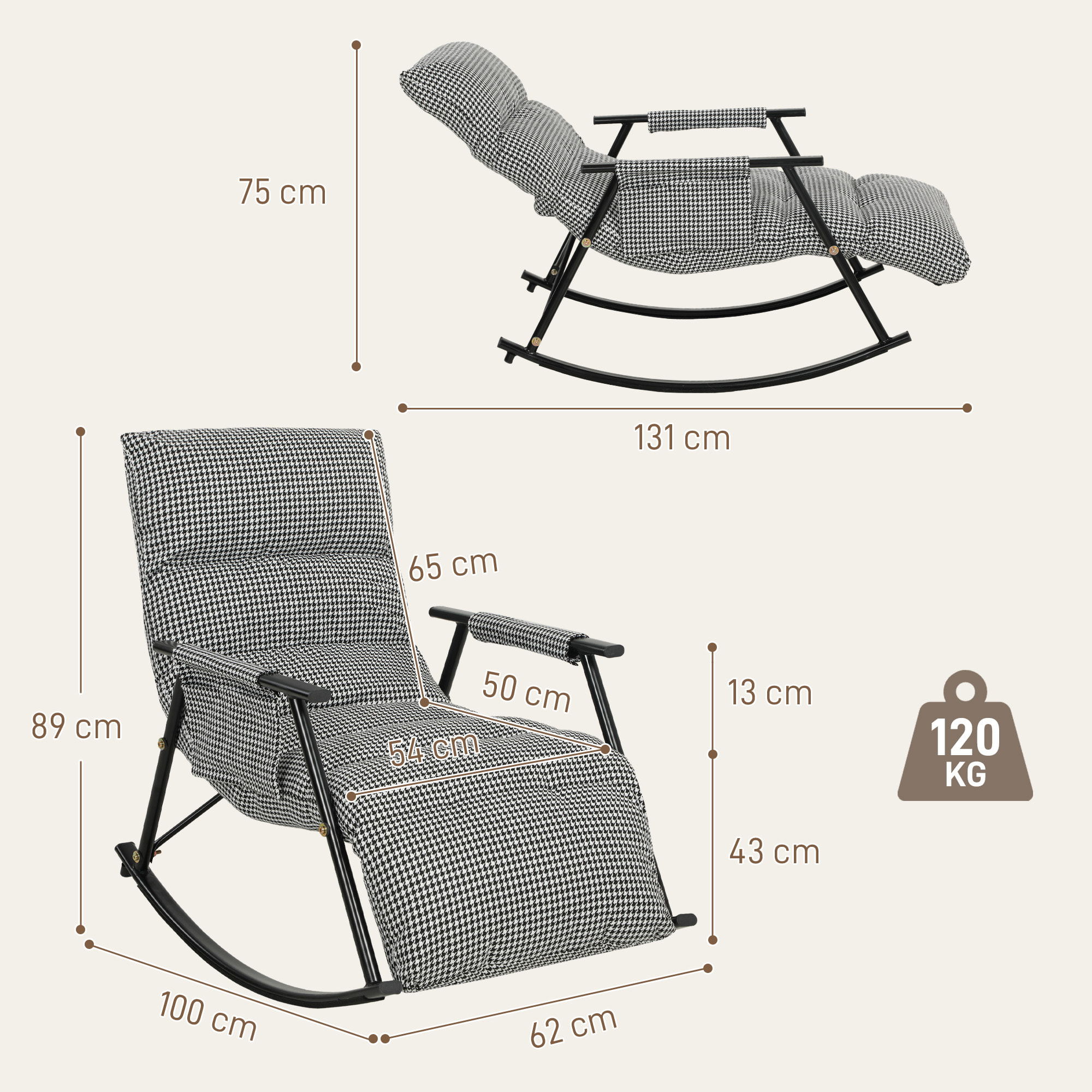 Silla Mecedora con Respaldo y Reposapiés Ajustables, Mecedora Sillón Balancín 105°, Tapizada en Lino, con Bolsillo Lateral y Marco de Metal, Carga 120 kg, para Dormitorio, Salón, Negro y Blanco