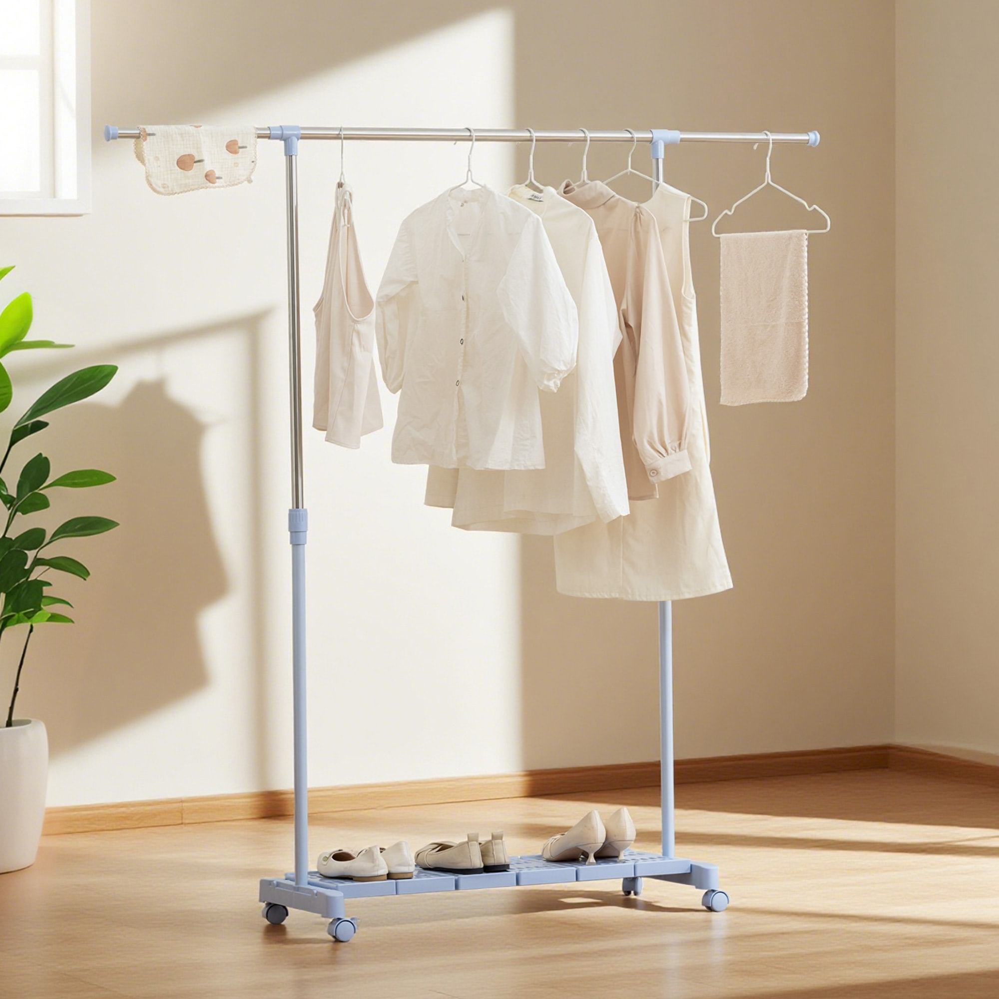 Tendedero Extensible con Ruedas, Tendedero de Ropa con Barra de Acero Inoxidable y Estante para Zapatos, Altura Ajustable, para Interior, Azul y Plata