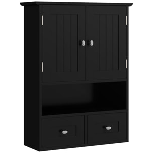 Armario de Baño de Pared, Armario Colgante, Mueble Suspendido de Baño, 2 Puertas con Cierre Magnético, 2 Cajones y Estante Abierto, para Cocina, Lavadero, 50,8x17,8x66 cm, Negro