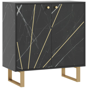 Buffet design - 2 portes, étagère - dim. 76L x 35l x 77H cm - métal doré aspect marbre noir