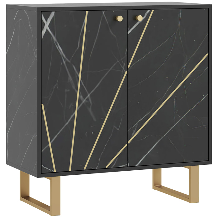 Buffet design - 2 portes, étagère - dim. 76L x 35l x 77H cm - métal doré aspect marbre noir