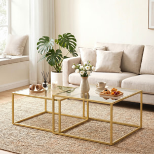 Set de 2 Mesas de Centro Cuadradas, Mesas Nido Modernas con Tablero de Vidrio Templado y Estructura Metálica, Ahorra Espacio, para Salón, Dormitorio u Oficina, 75x75x42 cm, Dorado