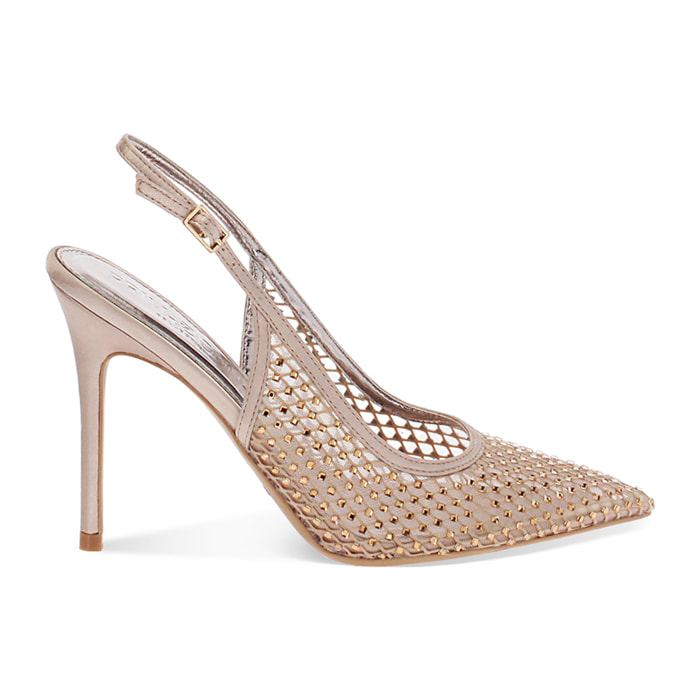 Décolleté slingback donna nude in raso con strass, tacco 11 cm