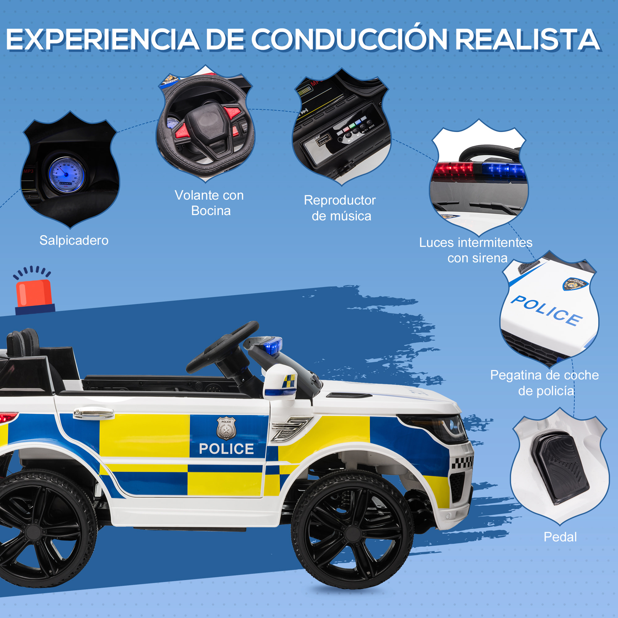 Coche Eléctrico para Niños de +3 Años Carro Eléctrico Infantil de Policía Coche de Batería 12V con Mando a Distancia Bluetooth Luz USB Sirena Blanco