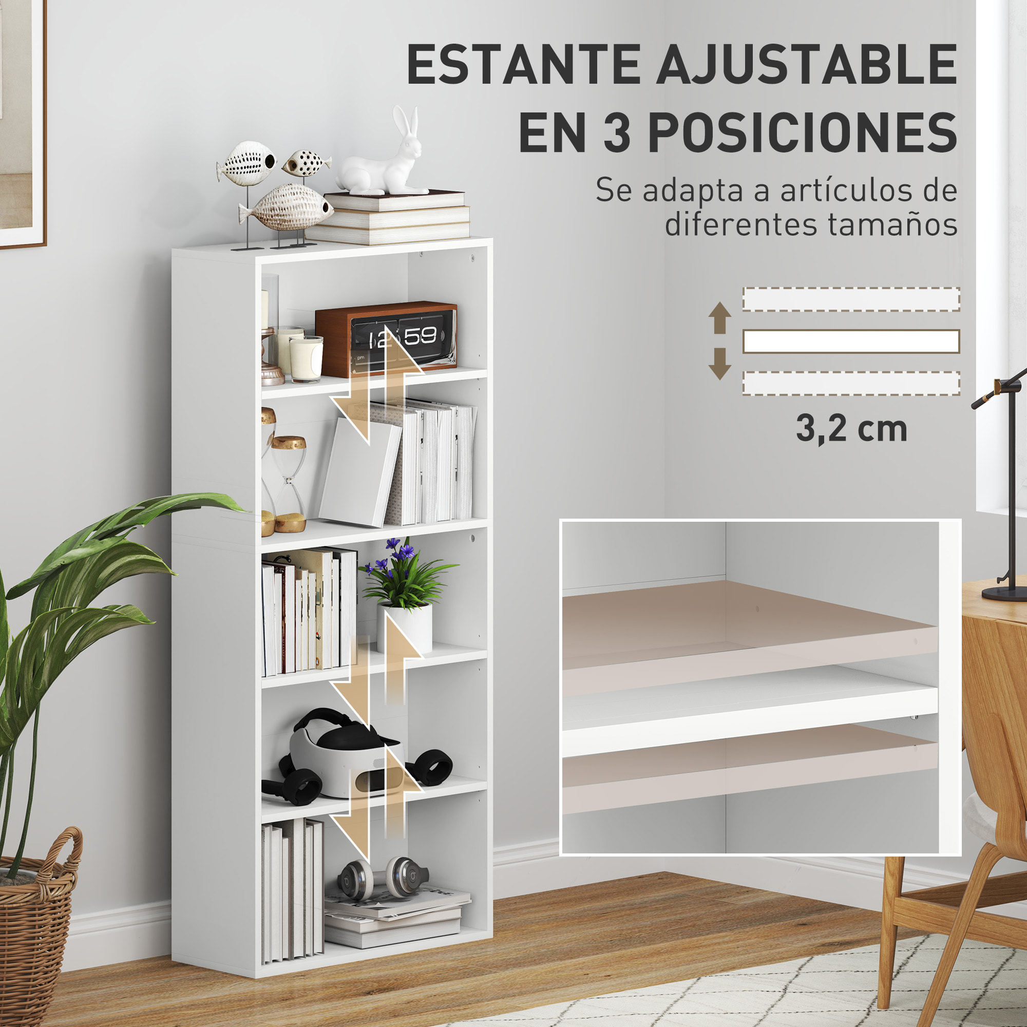 Librería de 5 Niveles Estantería de Libros con 3 Estantes Ajustables para Sala de Estar Oficina Dormitorio 60x24x133,5 cm Blanco