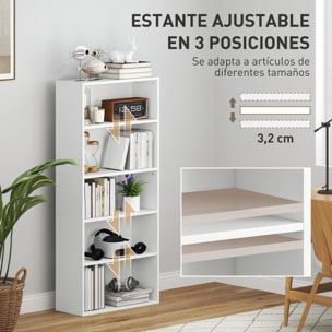 Librería de 5 Niveles Estantería de Libros con 3 Estantes Ajustables para Sala de Estar Oficina Dormitorio 60x24x133,5 cm Blanco
