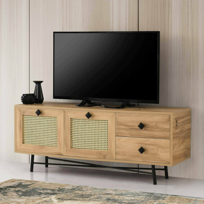 Mobile porta TV Apollinare, Credenza da soggiorno, Armadio basso per TV, Base parete attrezzata, 140x40h60 cm, Quercia e Nero