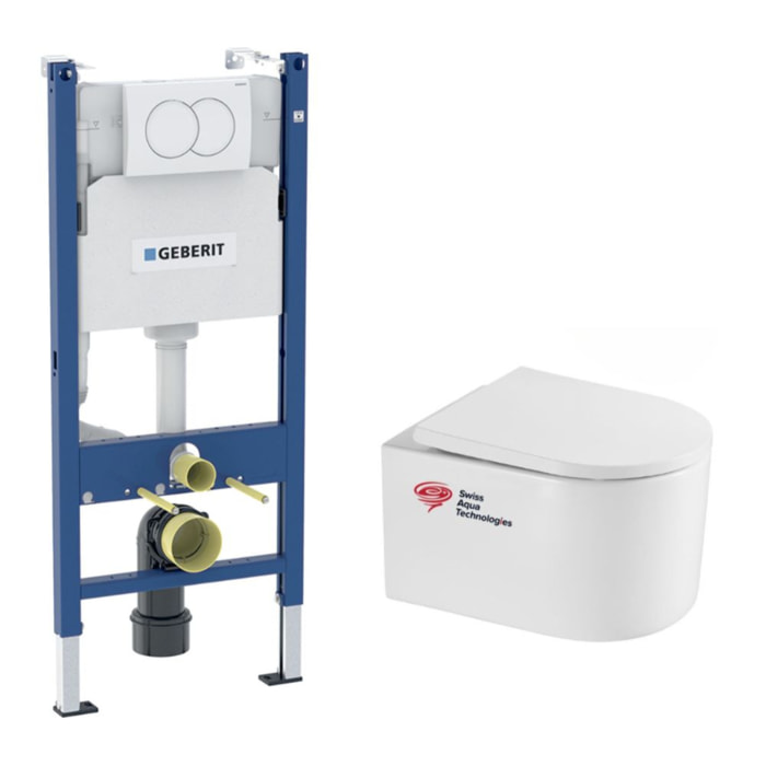 Pack WC Bati-support Geberit Duofix + WC sans bride SAT Delano + Abattant softclose + Plaque Blanche