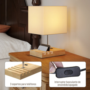 Lámpara de Mesa con Puertos USB-A/C, Tres Ranuras para Teléfonos, Lámpara de Mesita de Noche Moderno con Base de Madera y Pantalla de Tela, para Dormitorio, Salón, E27, 40W, Blanco