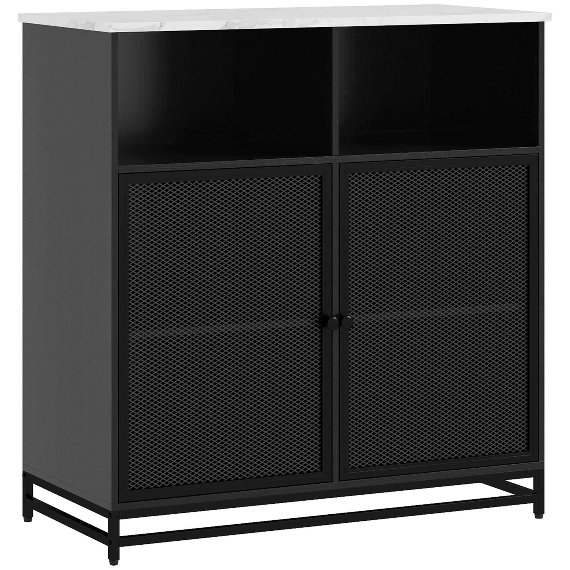 Buffet meuble de rangement plateau aspect marbre et double porte grillagée, pour le salon ou la cuisine, 86 x 40 x 90 cm, noir