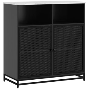 Buffet meuble de rangement plateau aspect marbre et double porte grillagée, pour le salon ou la cuisine, 86 x 40 x 90 cm, noir