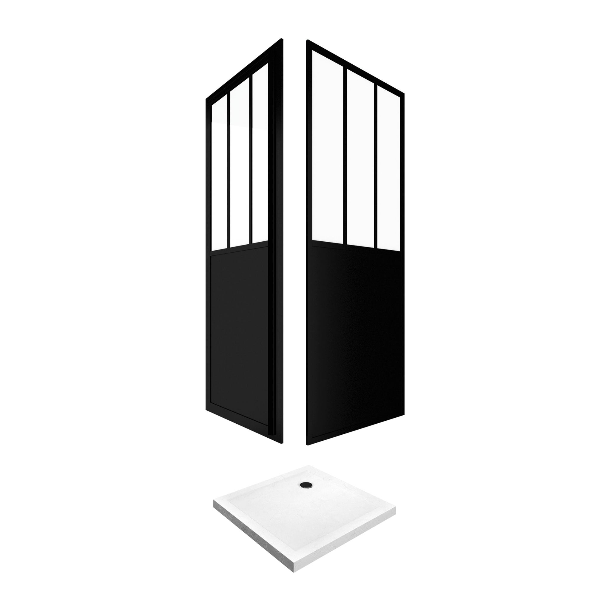 Pack complet Paroi porte de douche pivotante et paroi de retour type atelier et receveur blanc