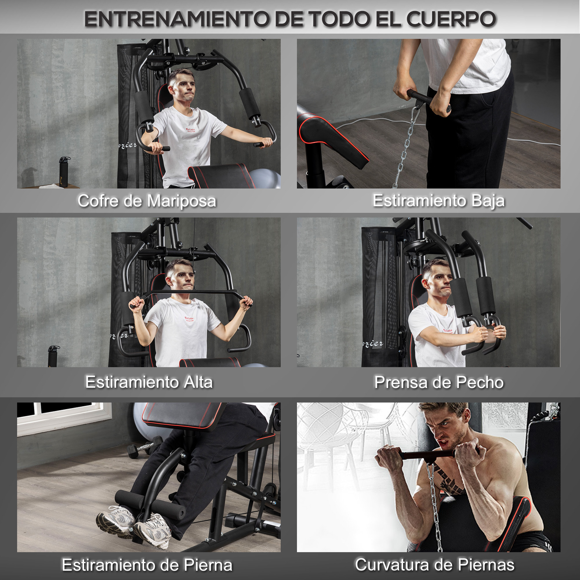 Multiestación Musculación Máquina de Musculación con Prensa de Piernas y Pecho Placas de Peso de 45 kg y Polea Carga 150 kg para Entrenamiento Gimnasio en Casa Negro