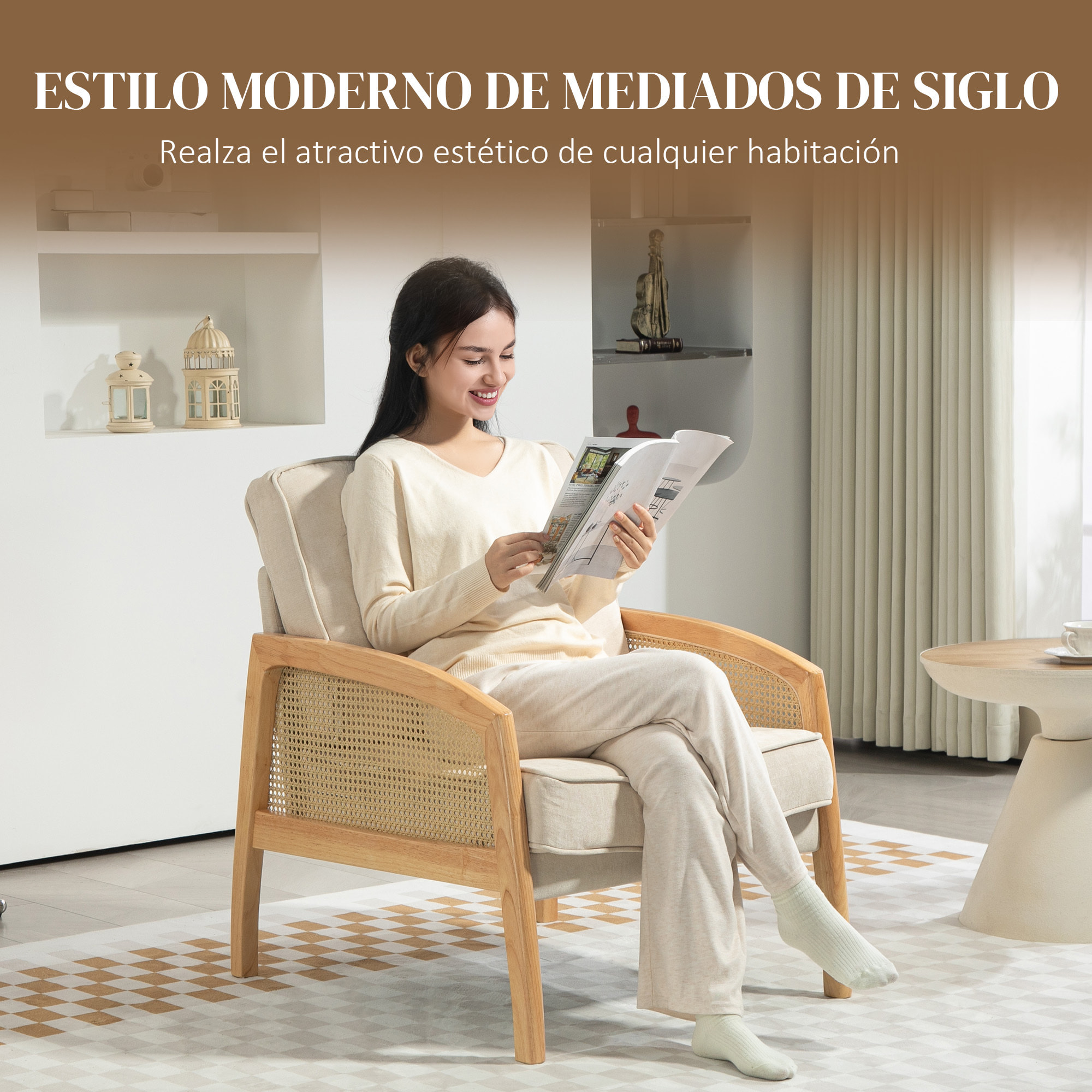 Sillón de Salón Moderno Butaca para Dormitorio con Reposabrazos de Ratán Cojín Extraíble y Patas de Madera Sofá Individual Carga 120 kg para Oficina Sala de Estar Beige