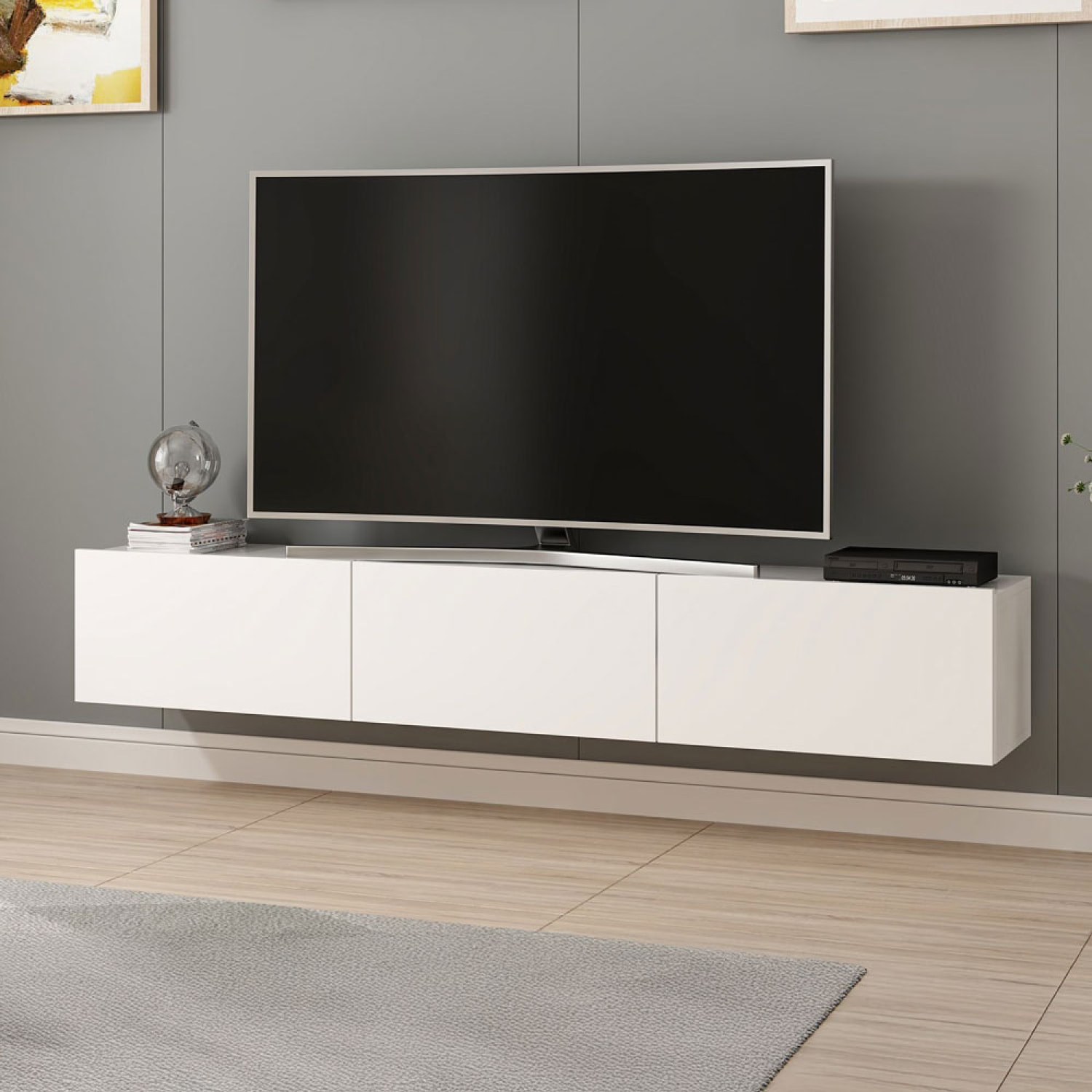 ROANOKE Meuble TV suspendu avec placards blanc 180cm