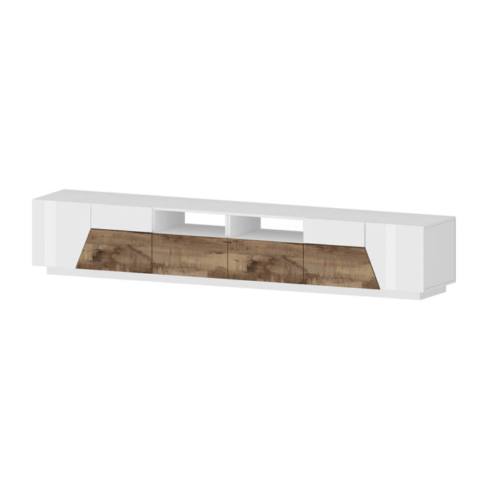 Mobile porta TV Asdrubale, Credenza bassa da soggiorno a 4 ante, Base porta televisione, 100% Made in Italy, cm 260x43h46, Bianco lucido e Acero