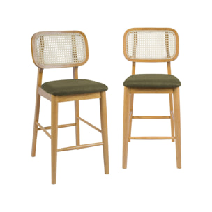 Tabouret de bar bois d'hévéa cannage et tissu 66,5cm (lot de 2) MANI