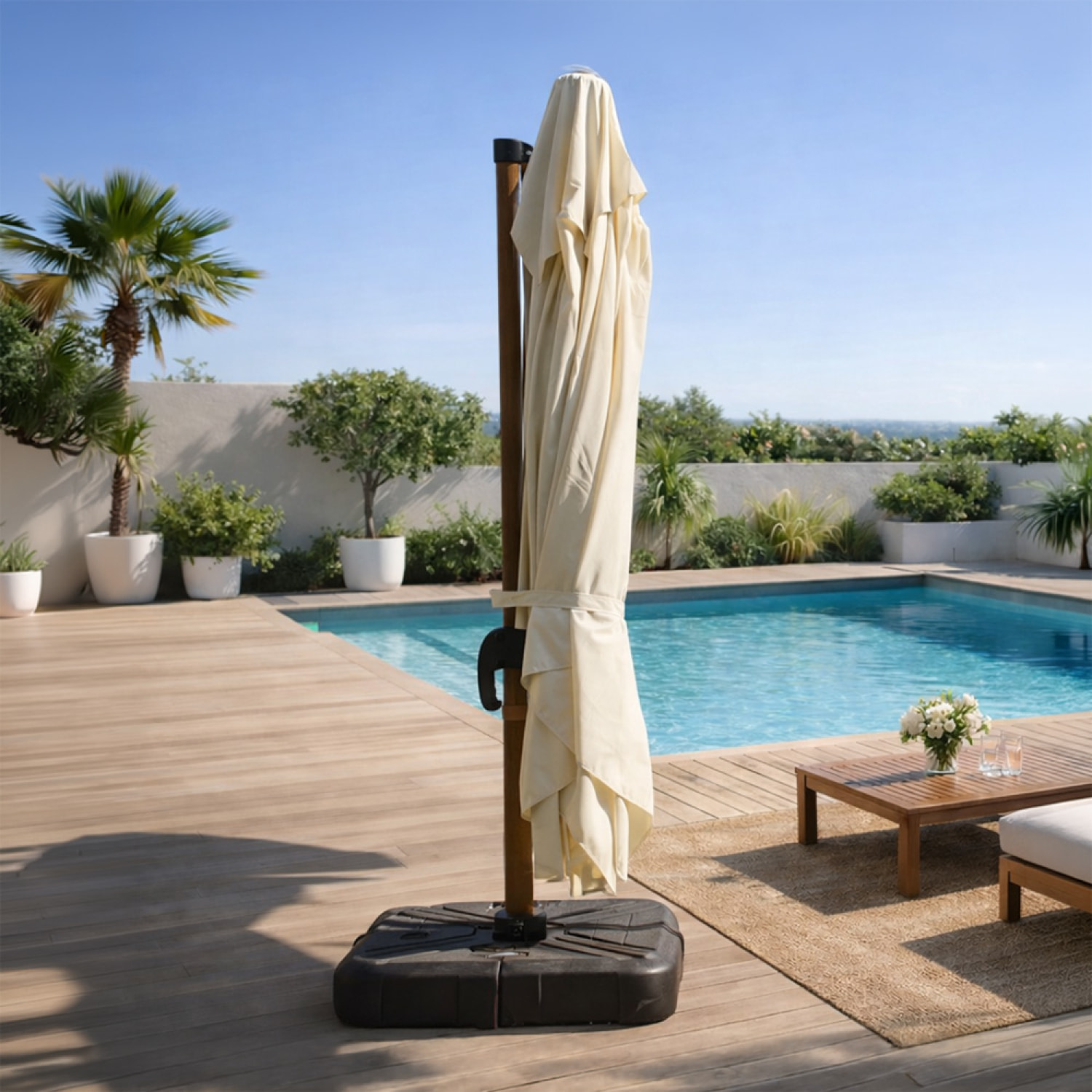 Parasol rectangulaire 3x4m déporté rotatif écru pied effet bois en aluminium NAVIA