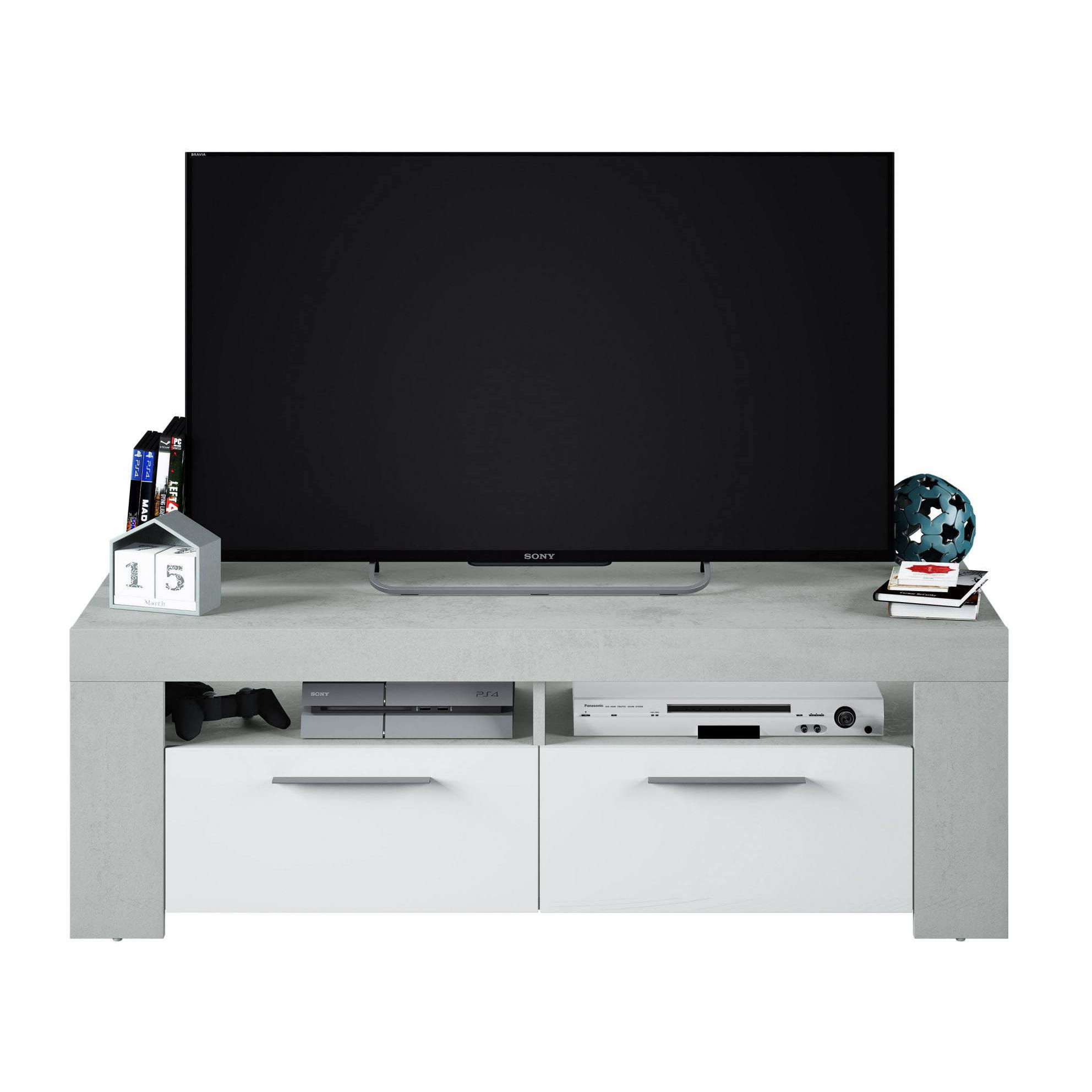 Mobile porta TV Stamford, Credenza per televisione da soggiorno, Supporto TV a 2 ante, Credenza bassa da salotto, cm 120x42h40, Bianco e Cemento