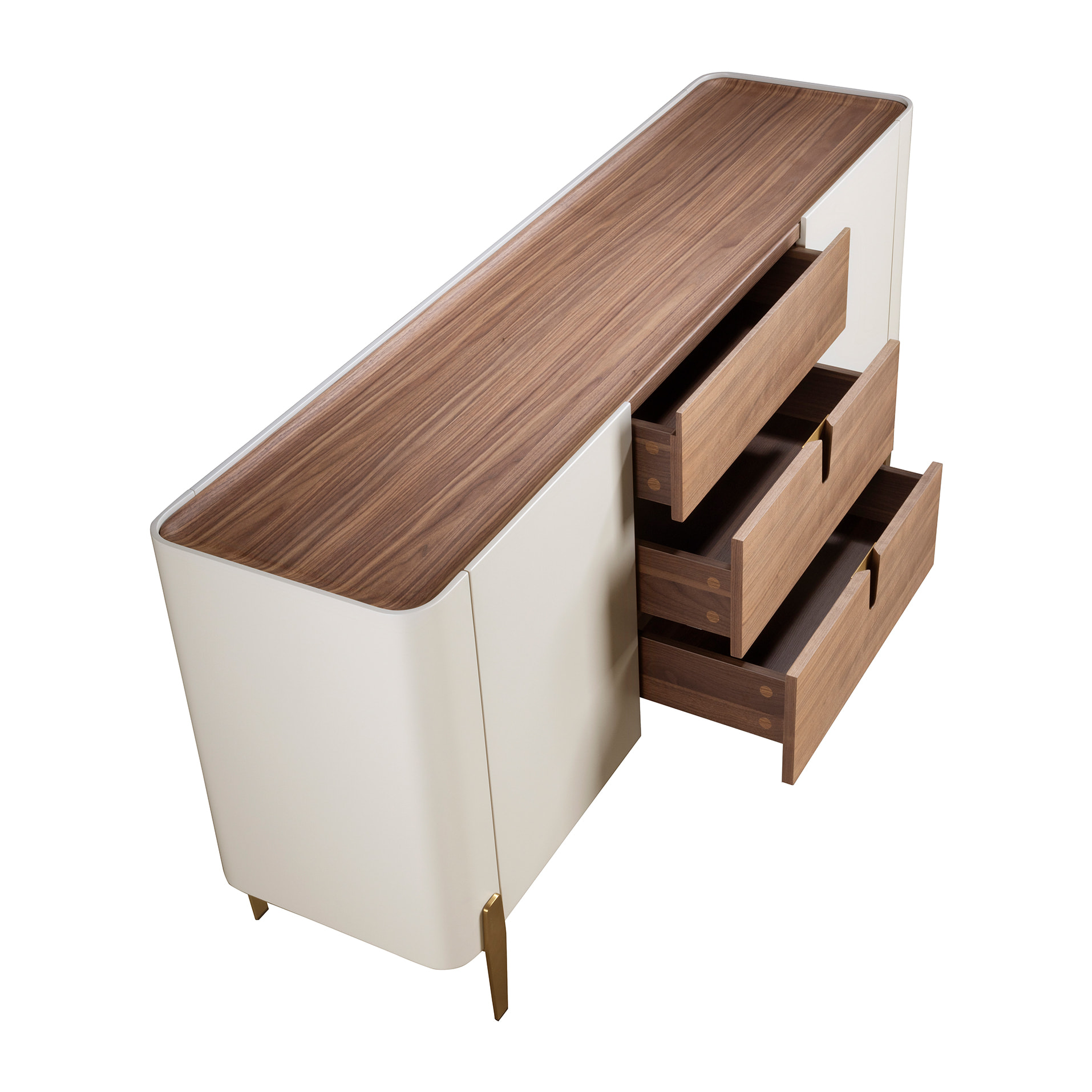 Aparador de madera chapada en nogal natural y madera MDF lacada en beige patas de acero inoxidable pulido en dorado 180x47x80cm