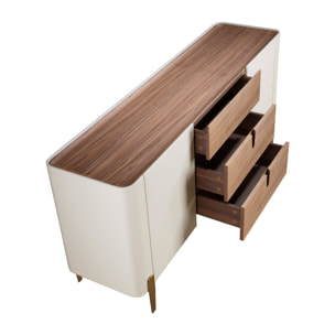Aparador de madera chapada en nogal natural y madera MDF lacada en beige patas de acero inoxidable pulido en dorado 180x47x80cm