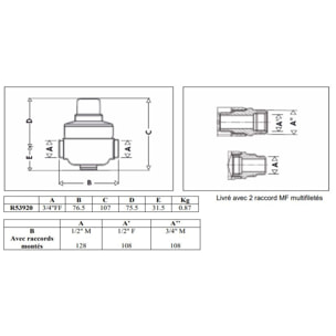 Réducteur de pression 539 NF 3/4'+raccord 3/4-1/2'M THERMADOR U539250TH - R53920