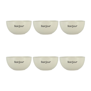 Lot de 6 bols 58cl en grès blanc à message BONJOUR