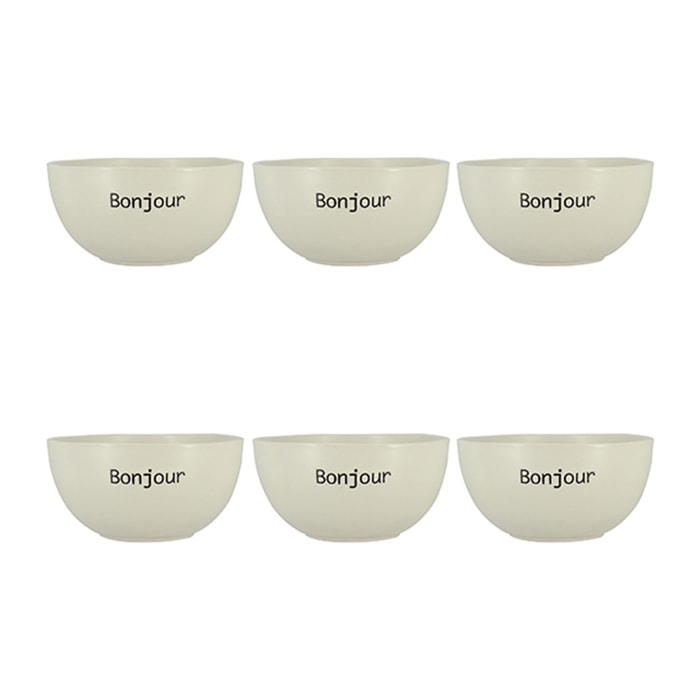 Lot de 6 bols 58cl en grès blanc à message BONJOUR