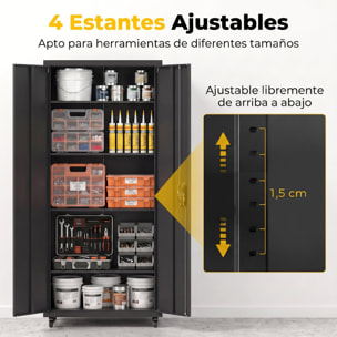 Armario de Herramientas de Acero con Ruedas con Freno, 180 cm, Carro de Herramientas con Cerradura y 4 Estantes Ajustables, Carga 250 kg, Carro de Taller para Garaje, Hogar, Oficina, Negro