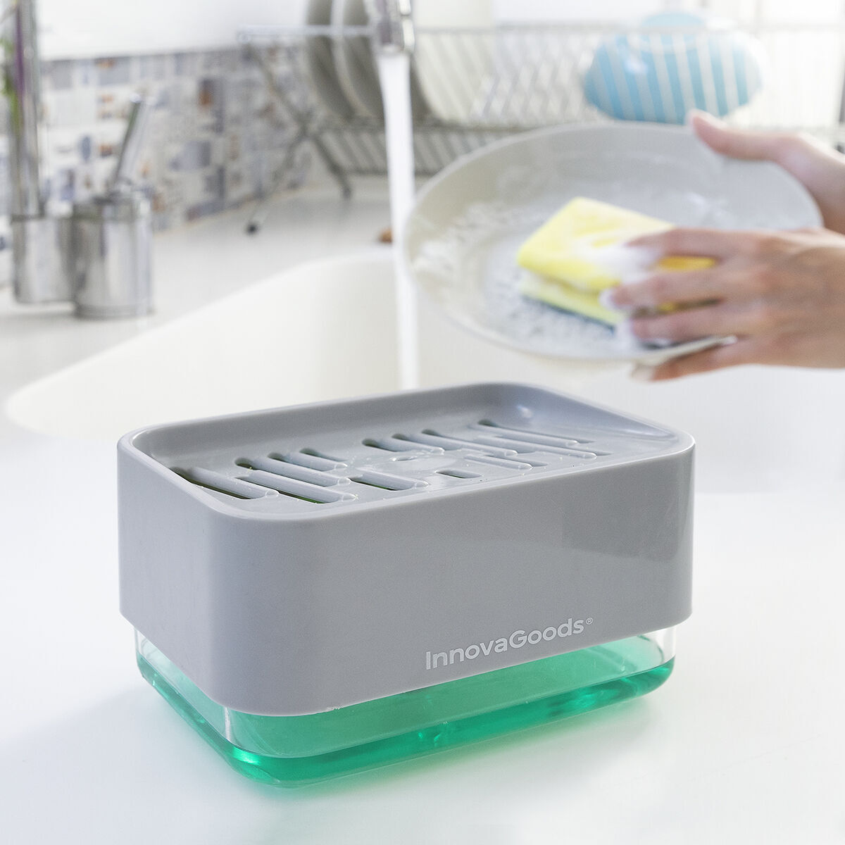 Dispenser di Sapone 2 in 1 per Lavandino Pushoap InnovaGoods